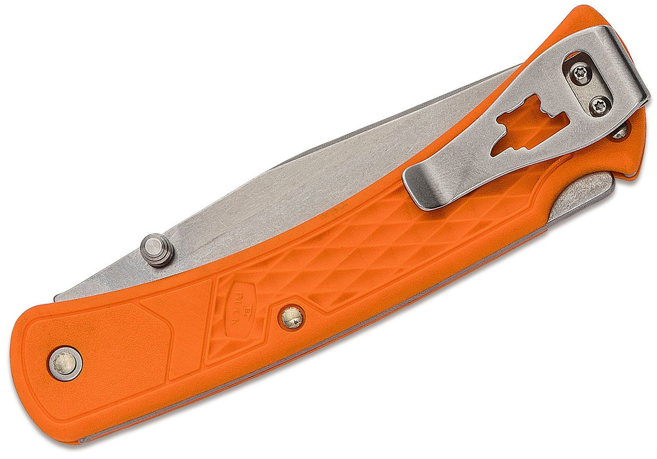 Buck 110 Slim Select Folding Hunter 3.75" Plain Blade, Blaze Orange GFN Handles, Deep Carry Pocket Clip, Lockback
