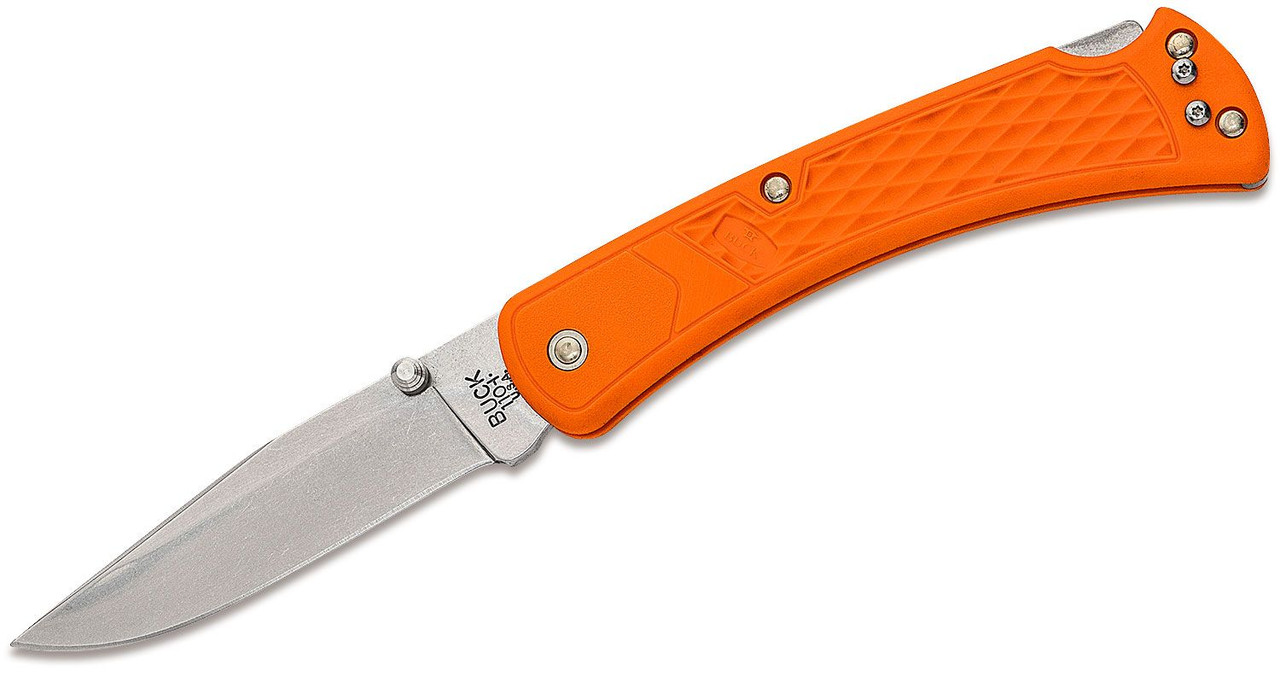 Buck 110 Slim Select Folding Hunter 3.75" Plain Blade, Blaze Orange GFN Handles, Deep Carry Pocket Clip, Lockback