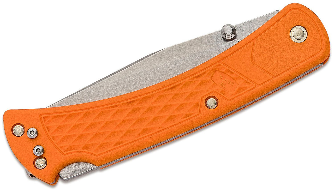 Buck 110 Slim Select Folding Hunter 3.75" Plain Blade, Blaze Orange GFN Handles, Deep Carry Pocket Clip, Lockback