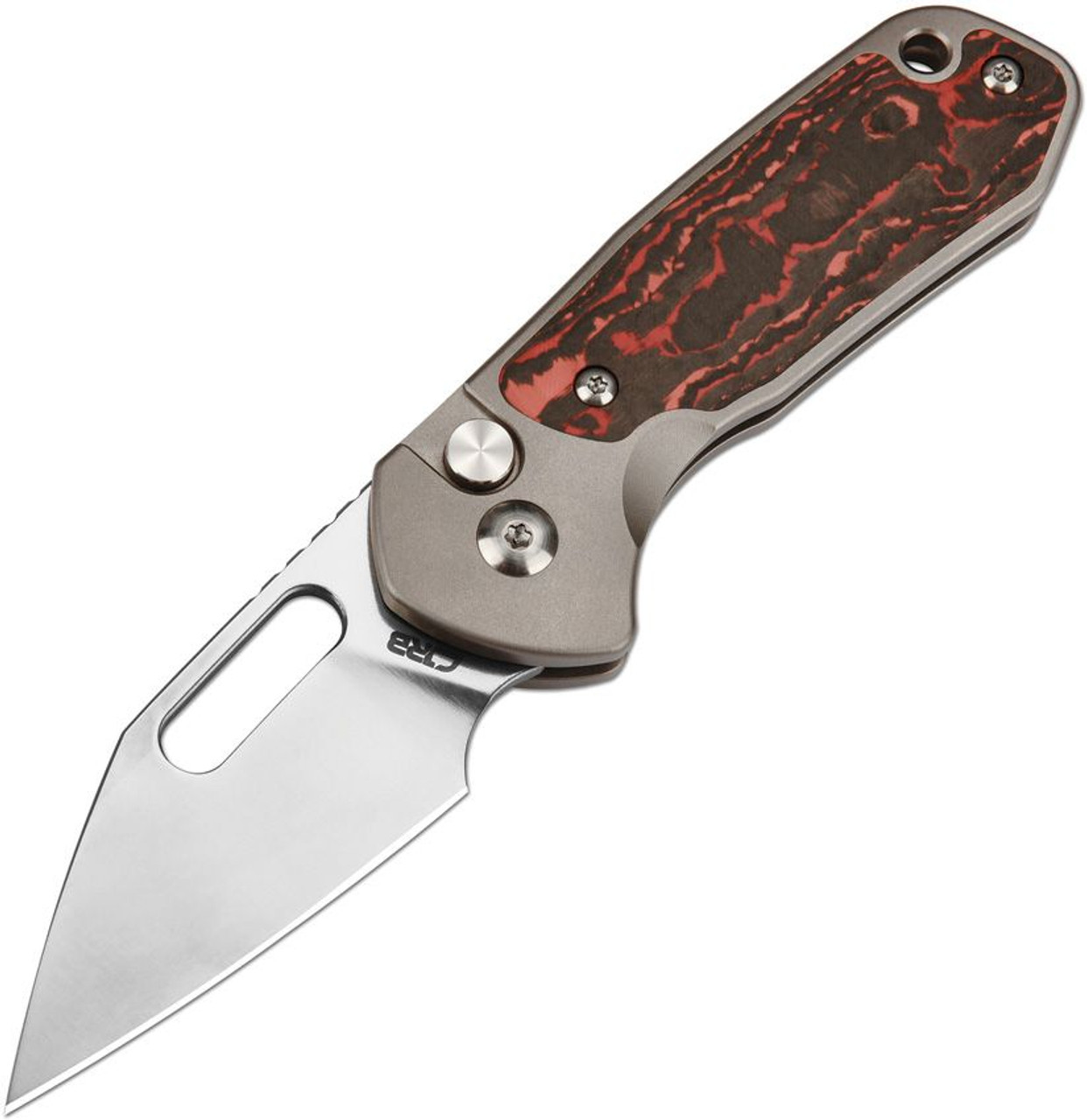 CJRB Mini Pyrite Button Lock Mars. S90V. Gray titanium handle with Mars Valley Fat carbon fiber inlay.