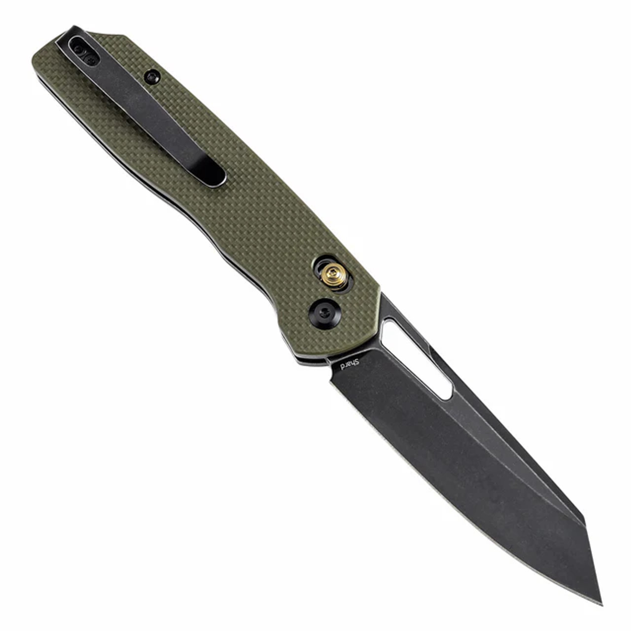 Tenable Shard Cross Bar Lock Olive Green G10 Handle (3.47'' Blue Coated 14C28N Blade) Kim Ning Design - T1006V3