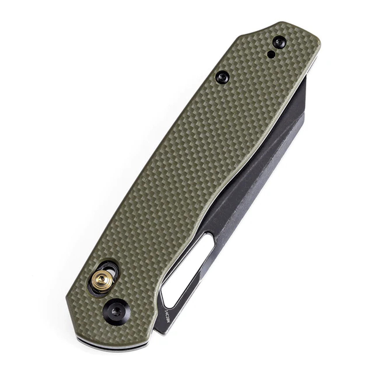 Tenable Shard Cross Bar Lock Olive Green G10 Handle (3.47'' Blue Coated 14C28N Blade) Kim Ning Design - T1006V3