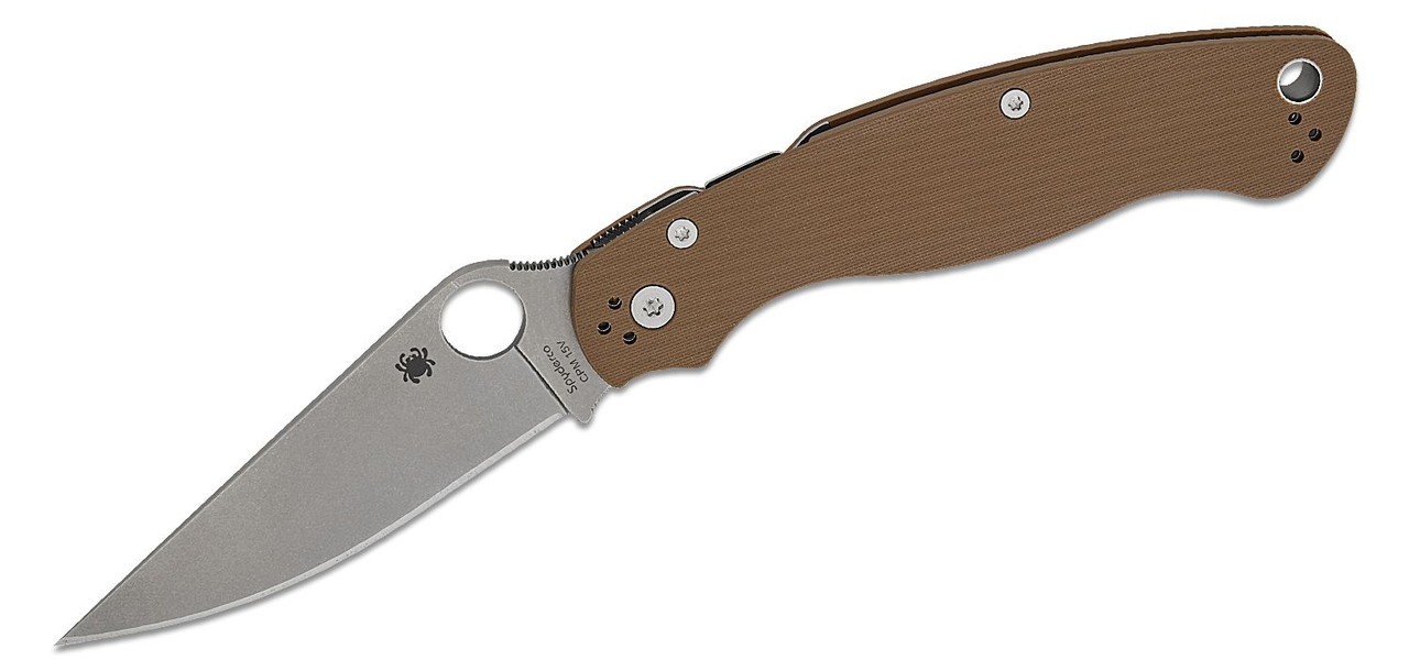 Spyderco Military 2 Sprint Run Compression Lock Folding Knife 4" CPM-15V Stonewashed Plain Blade, Brown G10 Handles