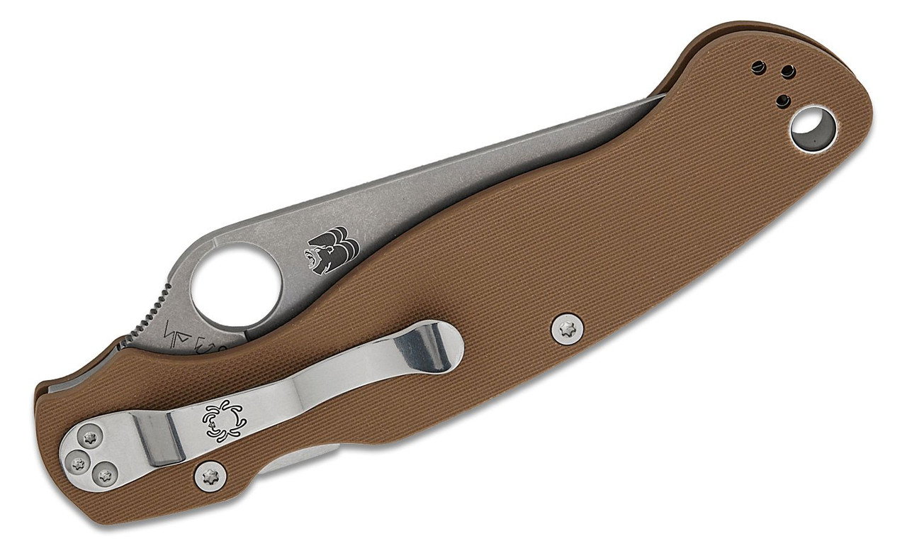 Spyderco Military 2 Sprint Run Compression Lock Folding Knife 4" CPM-15V Stonewashed Plain Blade, Brown G10 Handles