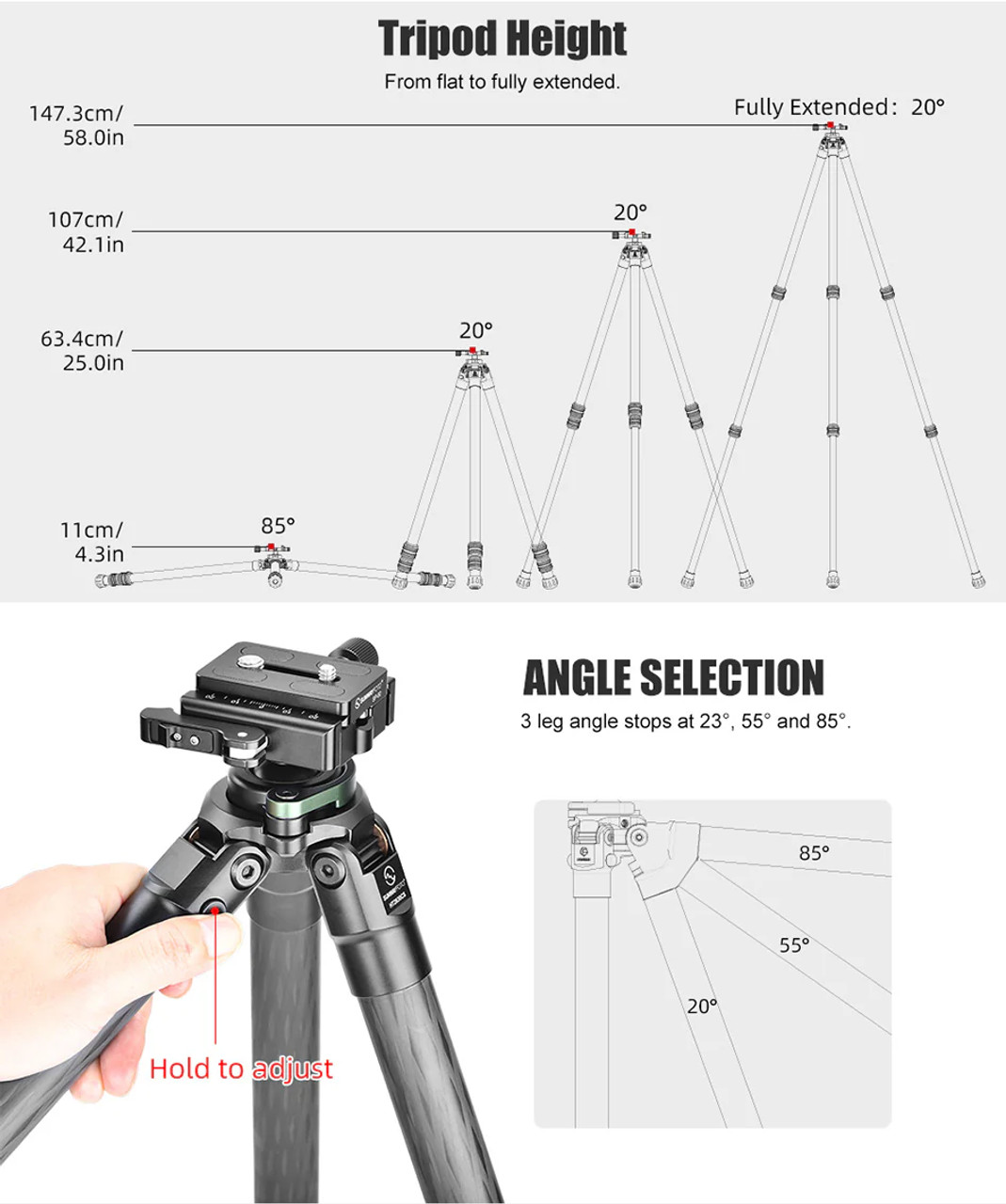 Sunwayfoto HT2830CS Carbon Fiber Tripod for Hunting with 30mm Ball Head, 3-Sections, Load 44.1lb(20kg)