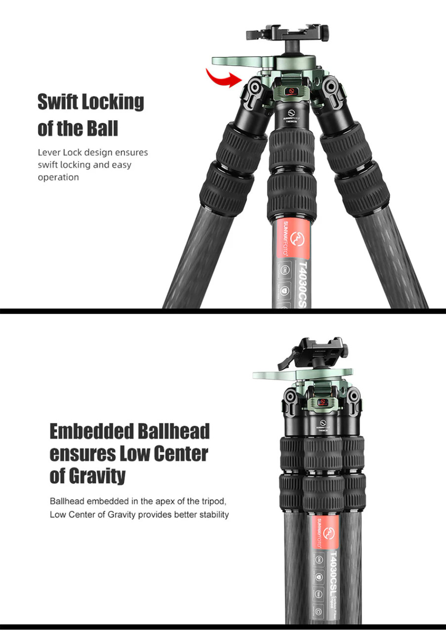 SunwayFoto T4030CSI, 68” Tall Inverted Leg Series Carbon Fiber Tripod with 38mm Arca Ballhead, 40mm Tubes 3 Section SunwayFoto T4030CSI, 68” Tall Inverted Leg Series Carbon Fiber Tripod with 38mm Arca Ballhead, 40mm Tubes 3 Section