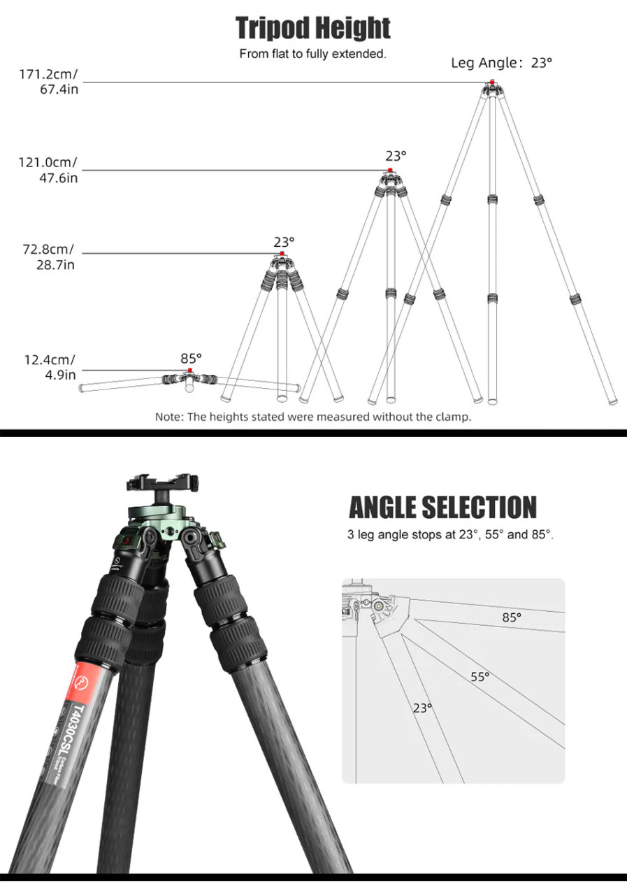 SunwayFoto T4030CSI, 68” Tall Inverted Leg Series Carbon Fiber Tripod with 38mm Arca Ballhead, 40mm Tubes 3 Section SunwayFoto T4030CSI, 68” Tall Inverted Leg Series Carbon Fiber Tripod with 38mm Arca Ballhead, 40mm Tubes 3 Section