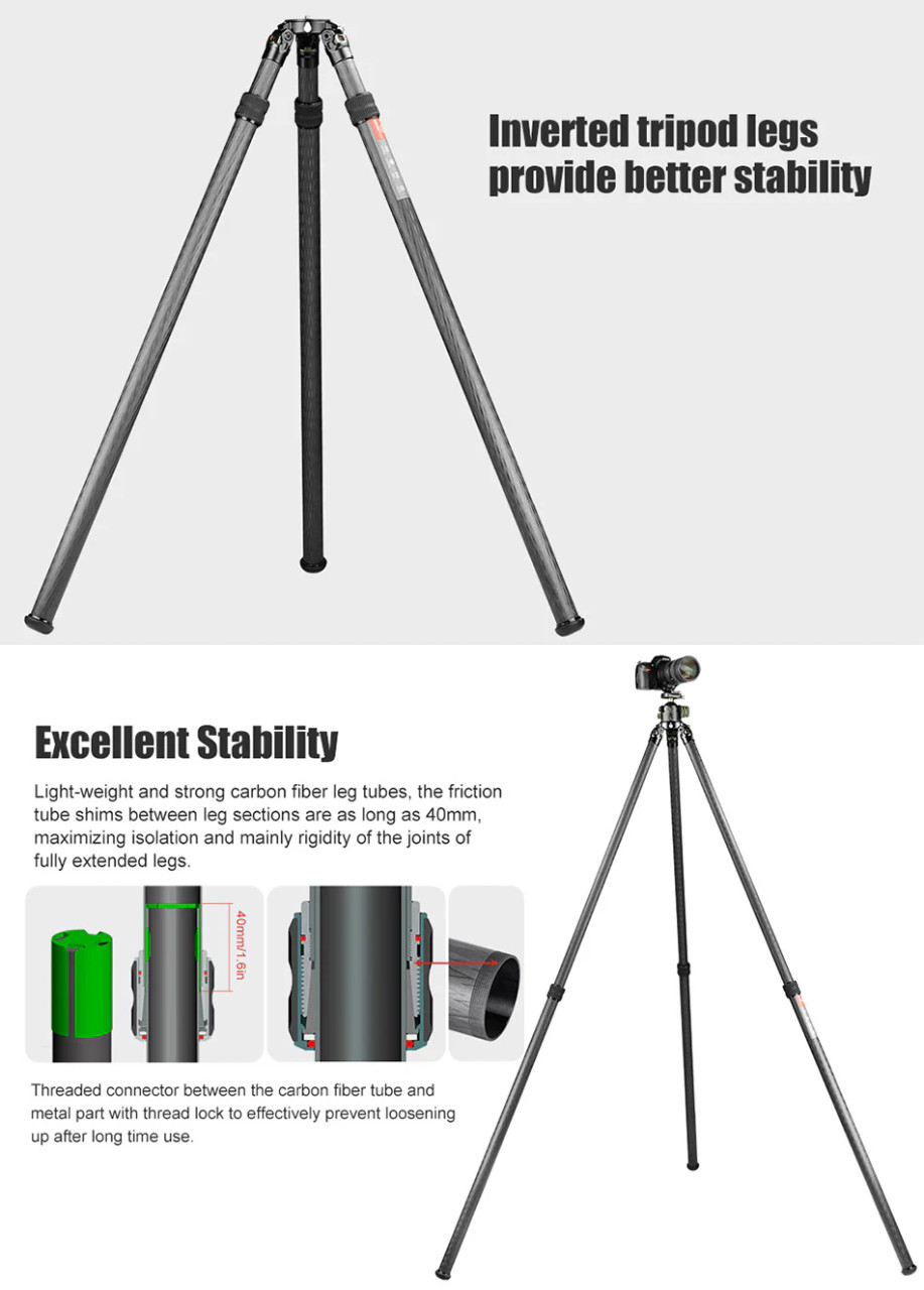 SUNWAYFOTO T4020CMLI Inverted Leg Carbon Fiber Heavy Duty Tripod PLUS IB-65 65mm heavy duty ball head. 40kg  +