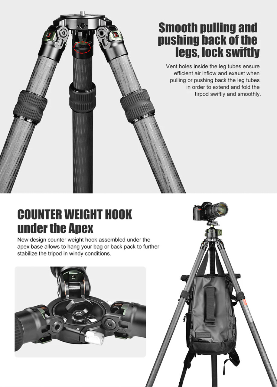 SUNWAYFOTO T4020CMLI Inverted Leg Carbon Fiber Heavy Duty Tripod PLUS IB-65 65mm heavy duty ball head. 40kg  +