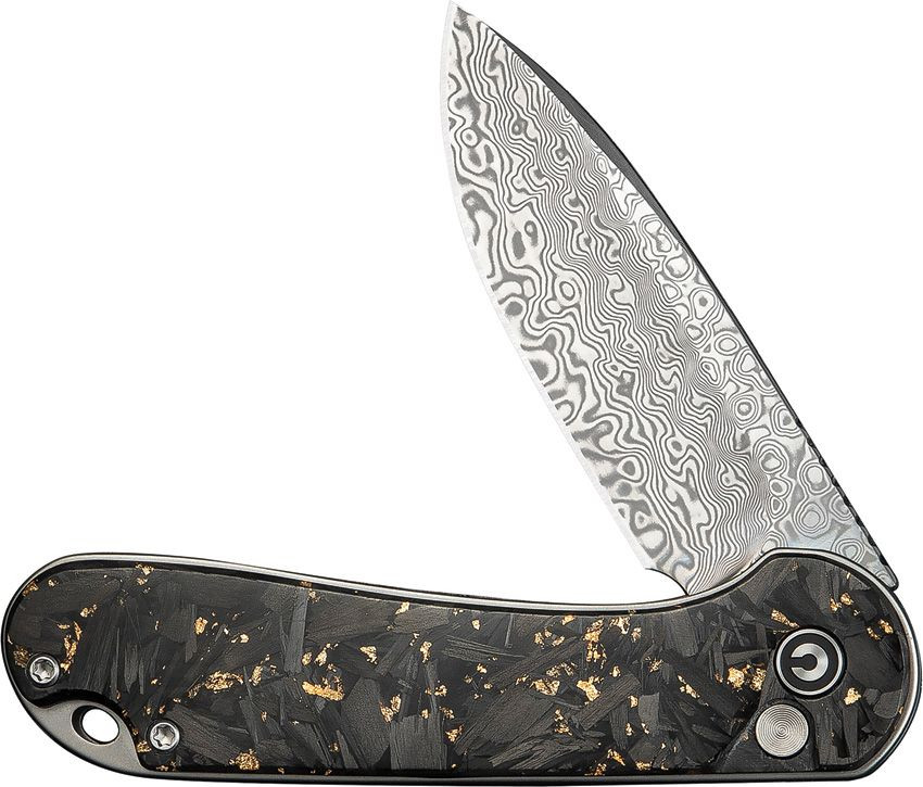 Civivi Elementum II Button Lock. Golden shredded carbon fiber resin handle. CF