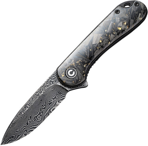 Civivi Elementum Linerlock. Golden shred in clear resin and shredded carbon fiber handle.
