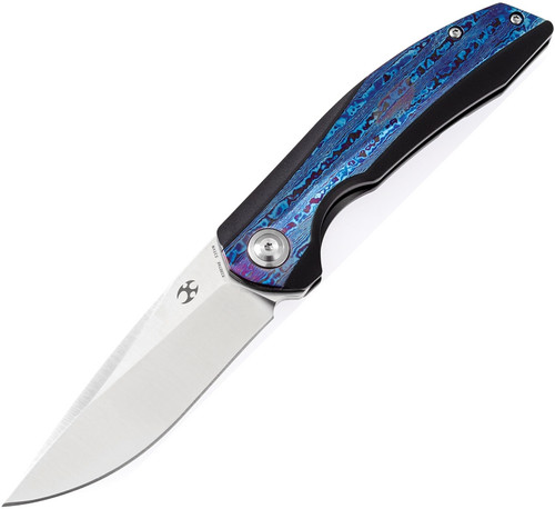 Kansept Knives Accipiter Framelock. Black finish titanium handle with timascus onlay.