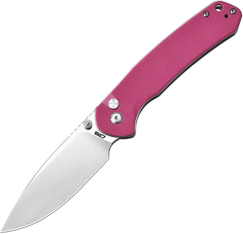 CJRB Pyrite Button Lock. Sand blast finish AR-RPM9 stainless drop point blade. Pink G10 handle. Blue G10