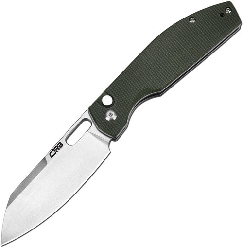 CJRB Ekko Button Lock. Stonewash finish AR-RPM9 stainless blade. Green canvas micarta handle. 