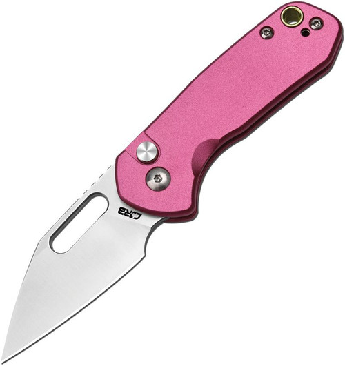 CJRB Mini Pyrite Button Lock - Pink. Satin finish AR-RPM9 stainless Wharncliffe blade.