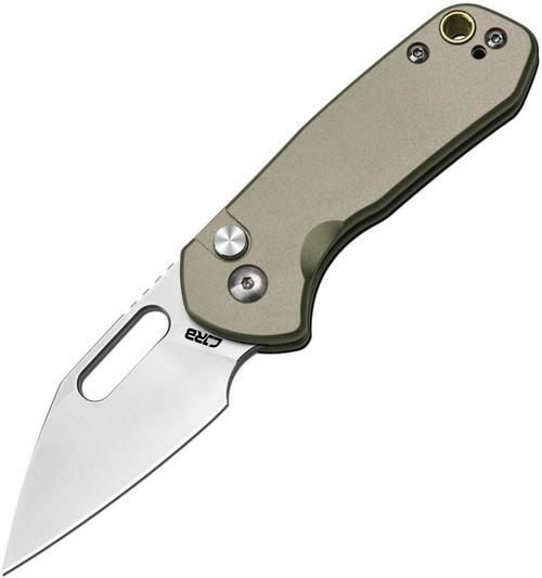 CJRB Mini Pyrite Button Lock - Green. Satin finish AR-RPM9 stainless Wharncliffe blade.