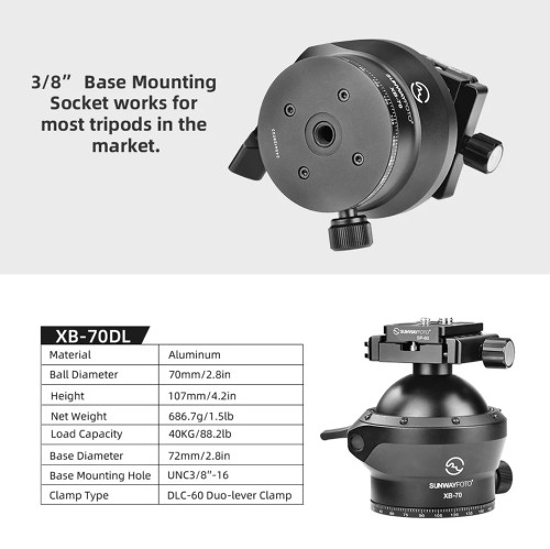 SUNWAYFOTO XB-70DL 70mm Low Profile Tripod Ball Head, Ballhead for Hunting,Load 88.2lb (40KG)
