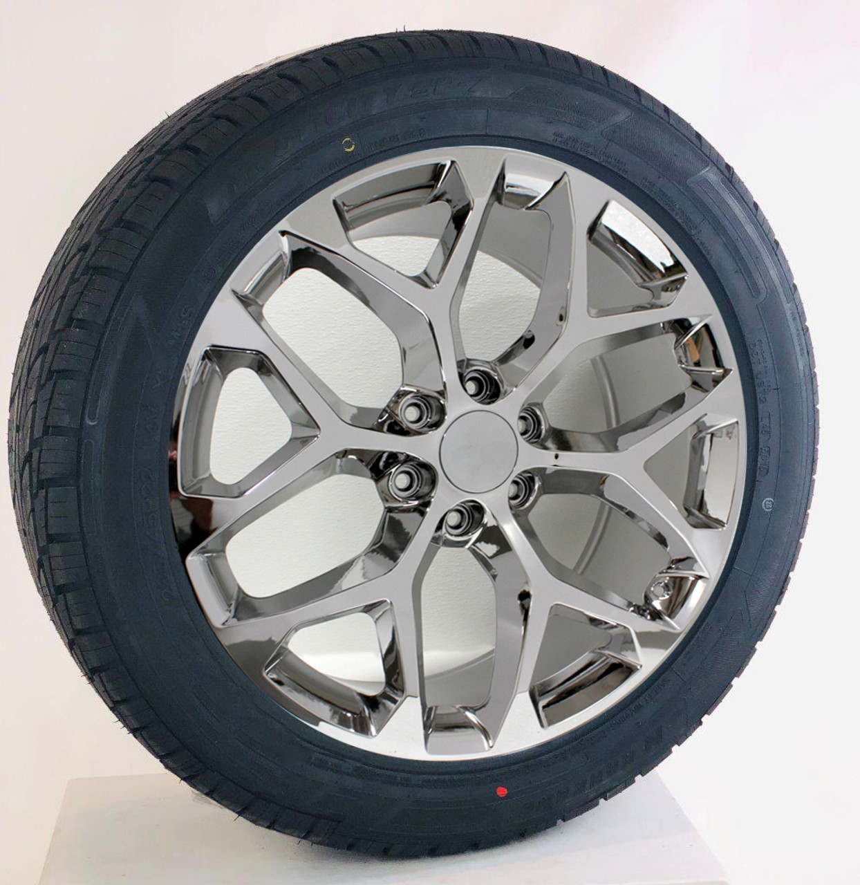 Chrome 22" Snowflake Wheels with 285/45R22 All Season Tires for Chevy and GMC Trucks and SUVs- New Set of 4