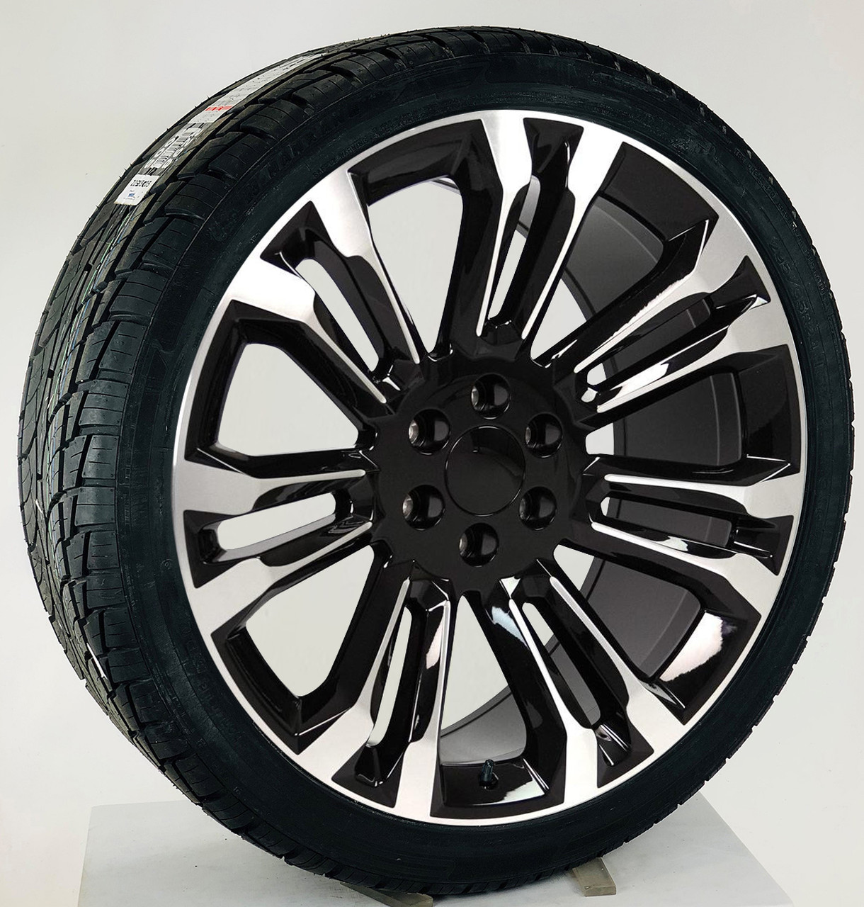 Black and Machine 24" Seven Split Spoke Wheels with 295/35R24 Tires for Chevy and GMC Trucks and SUVs