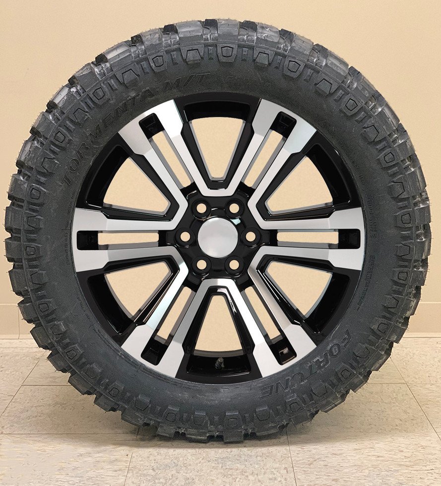 Black and Machine 20" Denali Style Split Spoke Wheels with Mud Tires for GMC Sierra, Yukon, Denali - New Set of 4