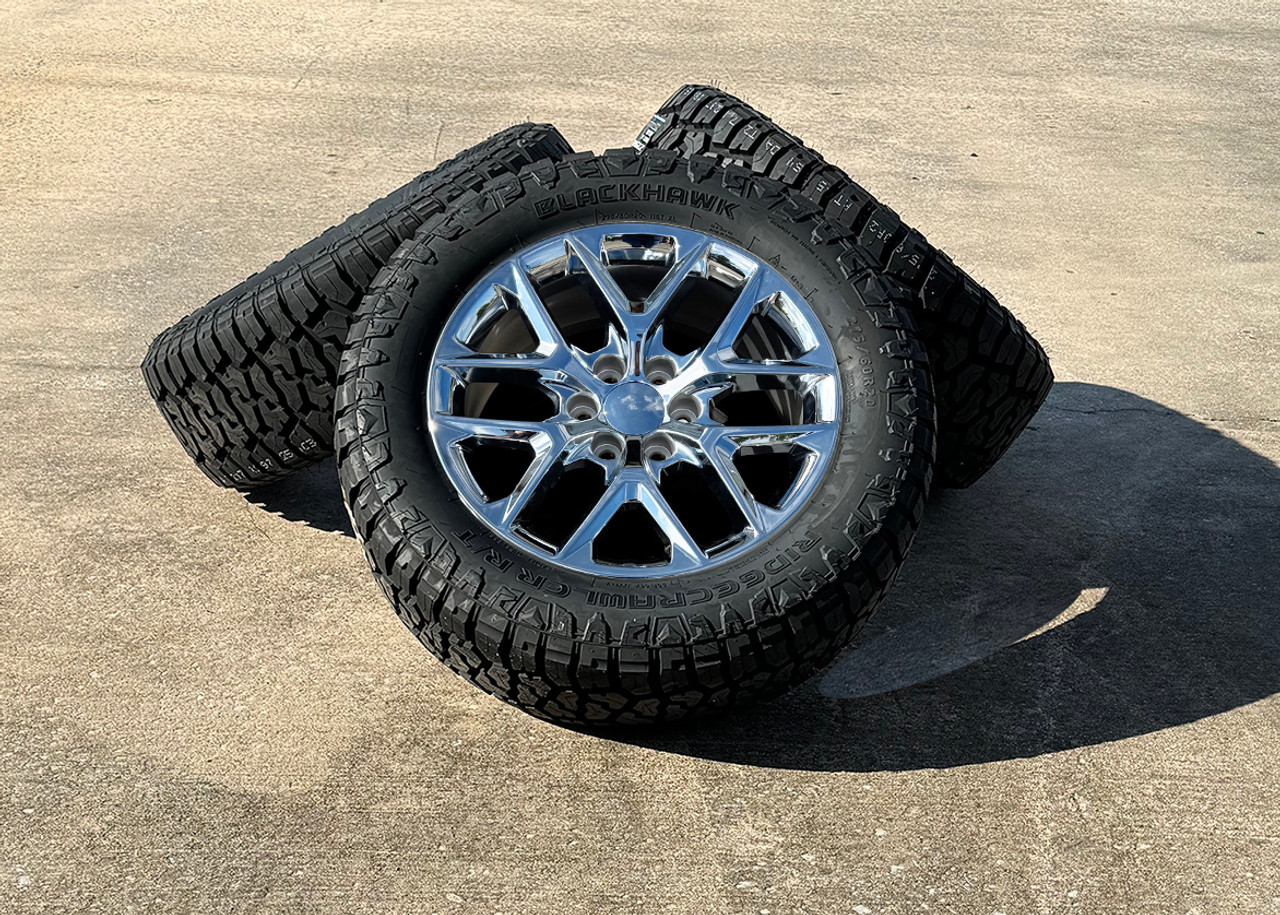 Chrome 20" New Style Snowflake Wheels with Blackhawk R/T Tires for Chevy Silverado, Tahoe, Suburban - New Set of 4