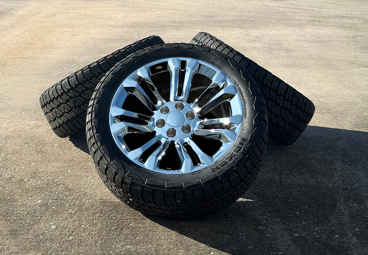 Chrome 22" Seven Split Spoke Wheels with 275/50R22 All Terrain Tires for GMC Trucks and SUVs - New Set of 4