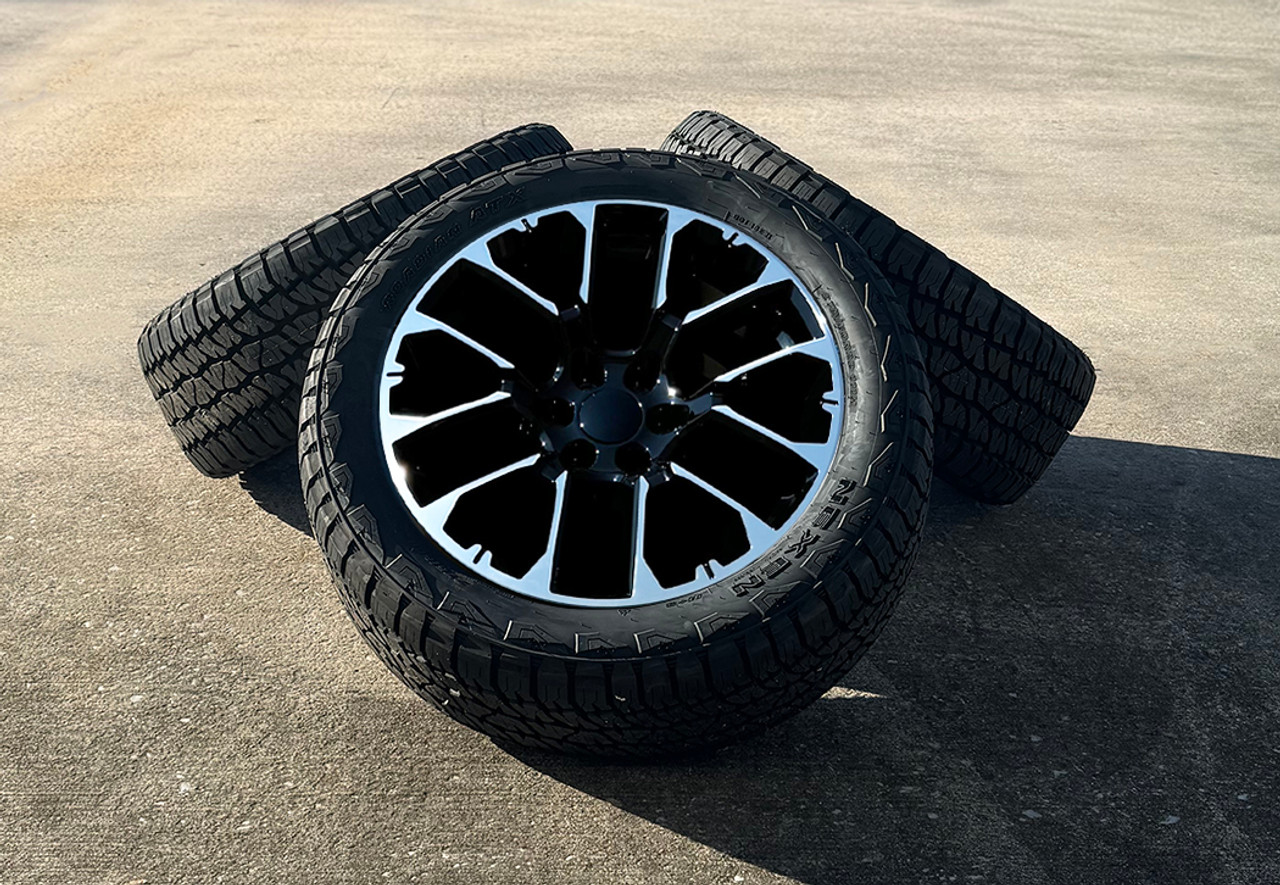 Black and Machine 22" Notched Honeycomb Wheels with 275/50R22 All Terrain Tires for Chevy Trucks and SUVs - New Set of 4