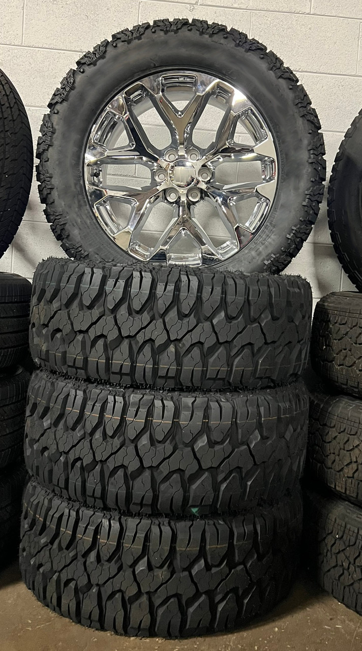 Chrome 22" Snowflake Wheels with 35x12.50R22 Mud Terrain Tires for Chevy and GMC Trucks and SUVs- New Set of 4 Chrome 22" Snowflake Wheels with 35x12.50R22 Mud Terrain Tires for Chevy and GMC Trucks and SUVs- New Set of 4