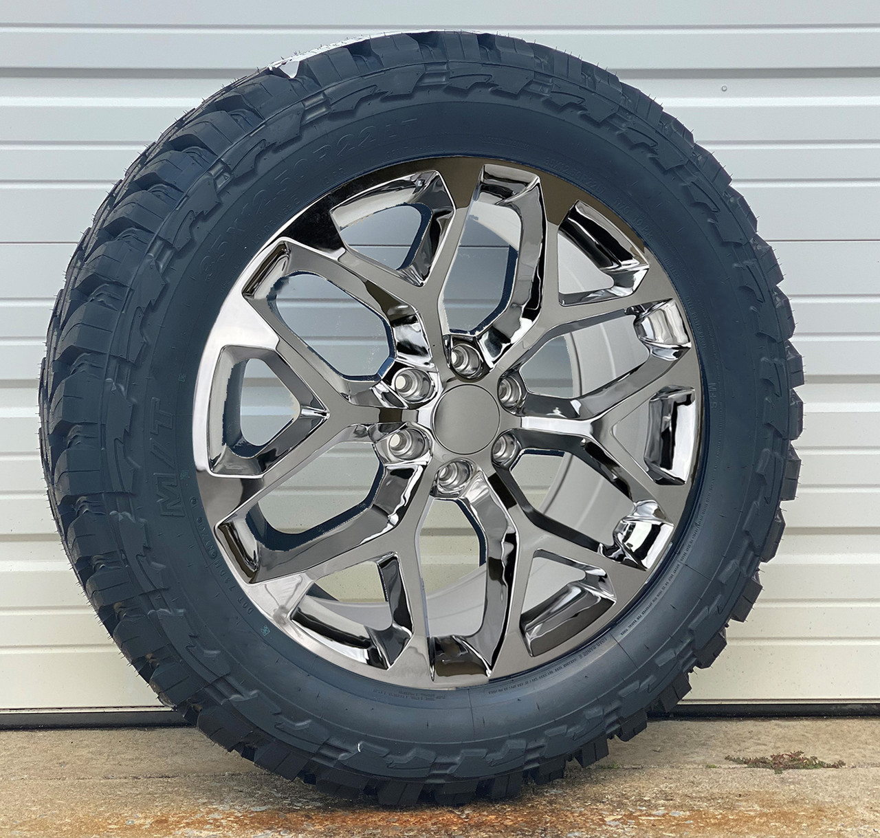 Chrome 22" Snowflake Wheels with 35x12.50R22 Mud Terrain Tires for Chevy and GMC Trucks and SUVs- New Set of 4 Chrome 22" Snowflake Wheels with 35x12.50R22 Mud Terrain Tires for Chevy and GMC Trucks and SUVs- New Set of 4