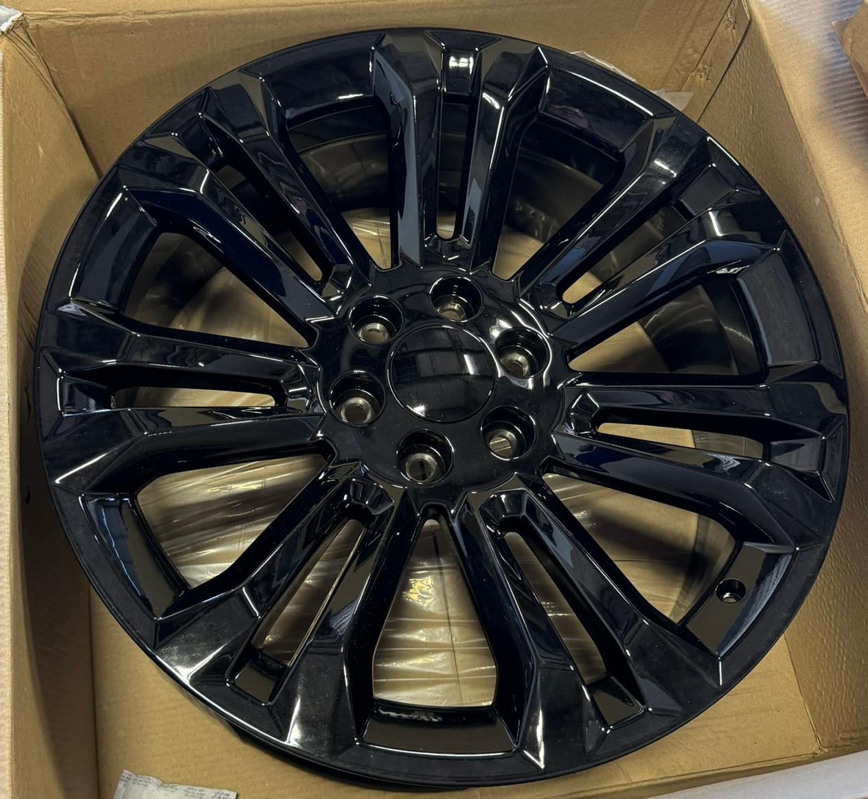 Gloss Black 22" Seven Split Spoke Wheels with 275/50R22 All Terrain Tires for GMC Sierra, Yukon, Cadillac Escalade - New Set of 4