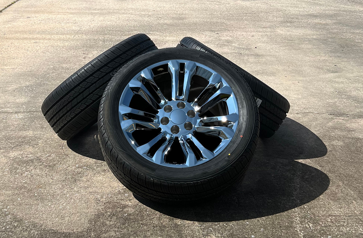 Chrome 22" Seven Split Spoke Wheels with All Season Tires for GMC Sierra, Yukon, Cadillac Escalade - New Set of 4