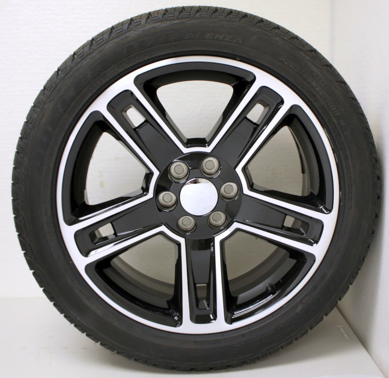 Black and Machine 22" Five Spoke Wheels with Bridgestone Tires for GMC Sierra, Yukon, Denali - New Set of 4