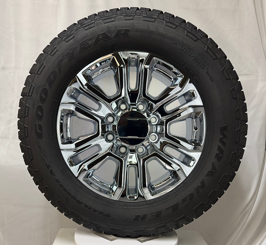 Chrome 20" 8 Lug 8-180 Split Spoke Wheels With Goodyear AT Tires for 2011 and newer Chevy Silverado HD 2500 and GMC Sierra HD 2500