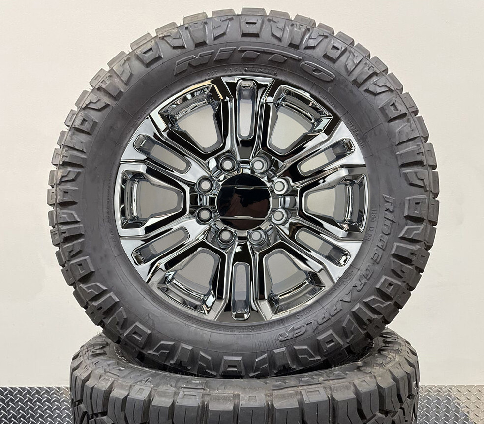 Chrome 20" 8 Lug 8-180 Split Spoke Wheels With Nitto Ridge Gappler Tires for 2011 and newer Chevy Silverado HD 2500 and GMC Sierra HD 2500