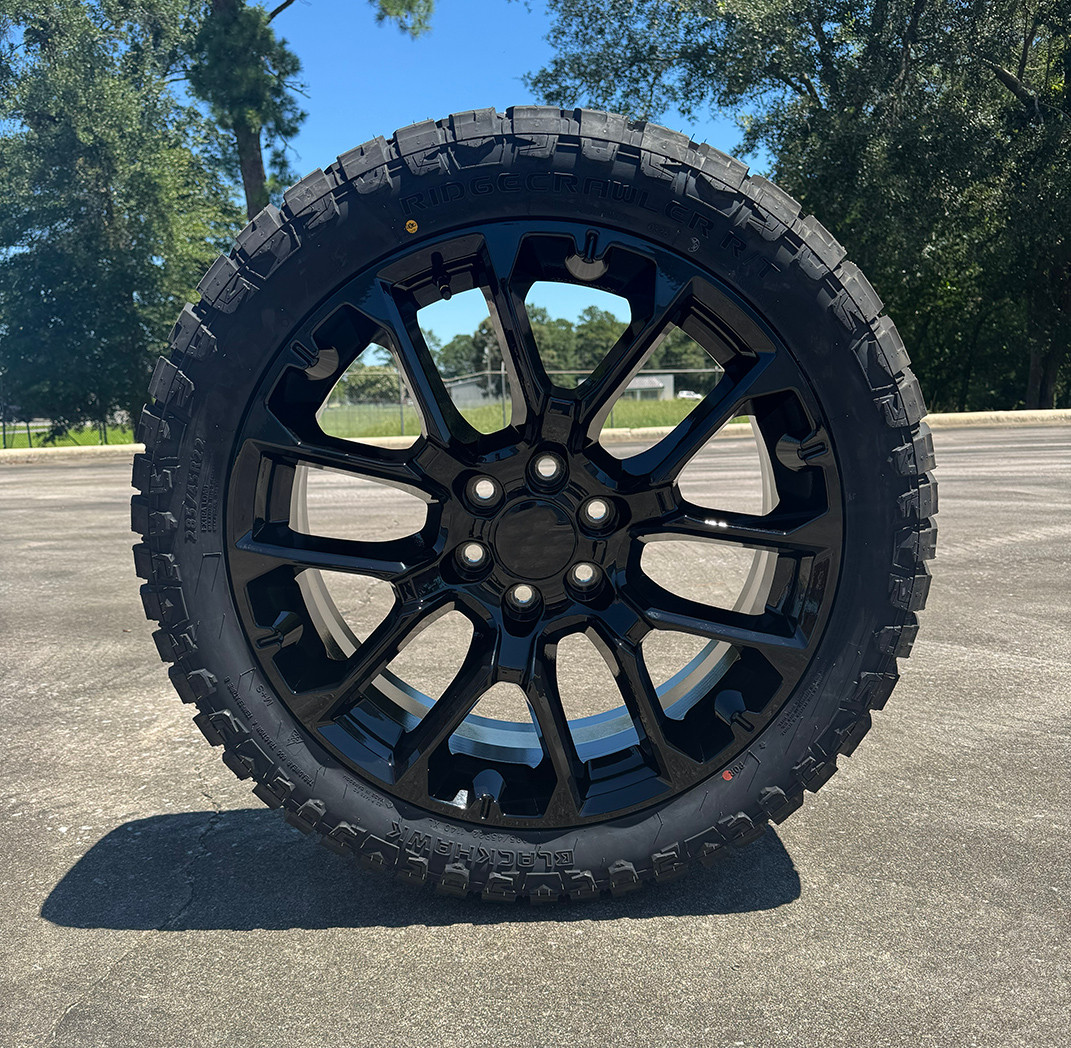 Gloss Black 22" Notched Wheels with Blackhawk R/T Tires for GMC Sierra, Yukon, Denali - New Set of 4