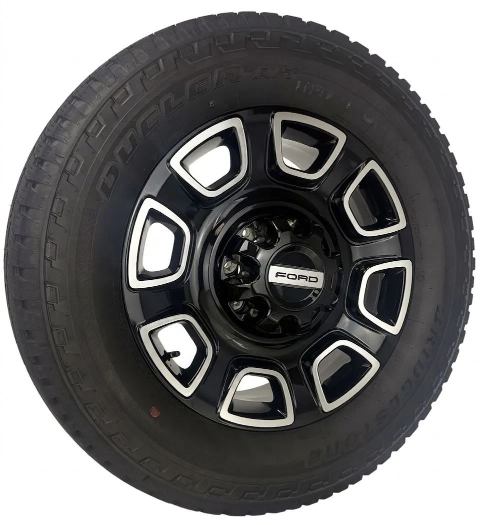 Set Of Four New Takeoff Ford F250 Black And Machine Wheels With 275/65R20 Bridgestone A/T Tires