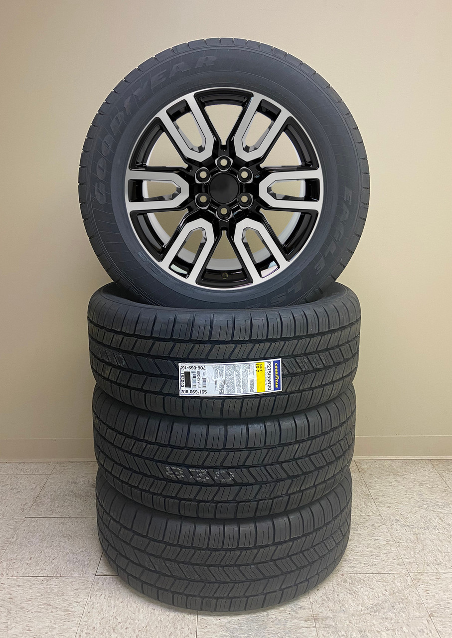 Black and Machine 20" Split Spoke Wheels with Goodyear Tires for GMC Sierra, Yukon, Denali - New Set of 4