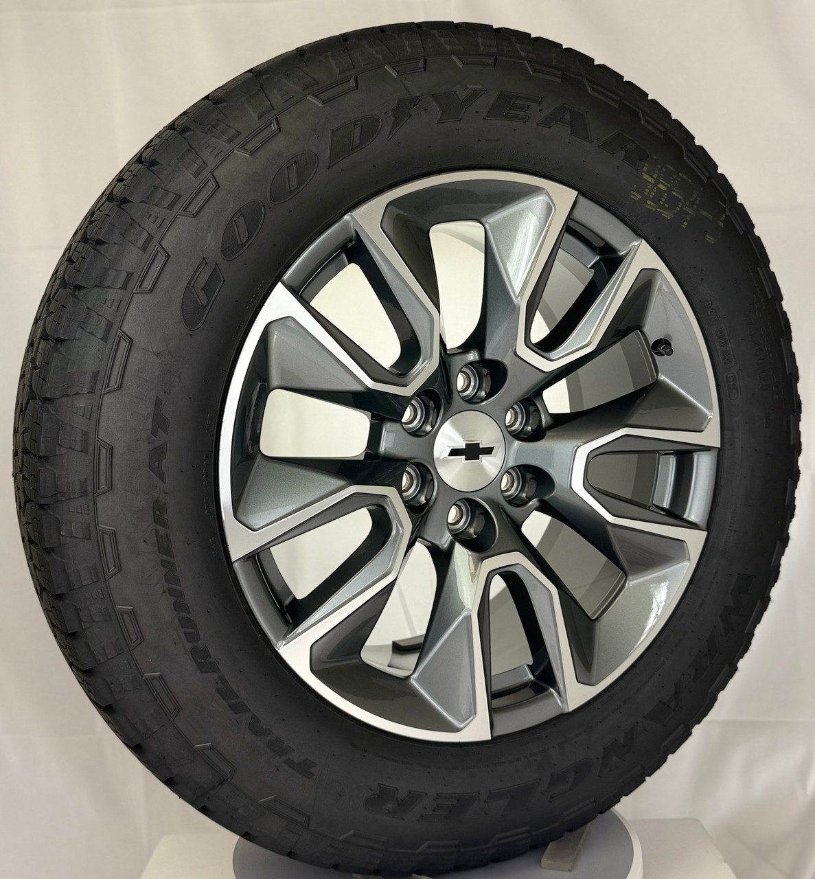 New Takeoff 20" Chevy Silverado Gunmetal and Machine Wheels With Goodyear AT Tire