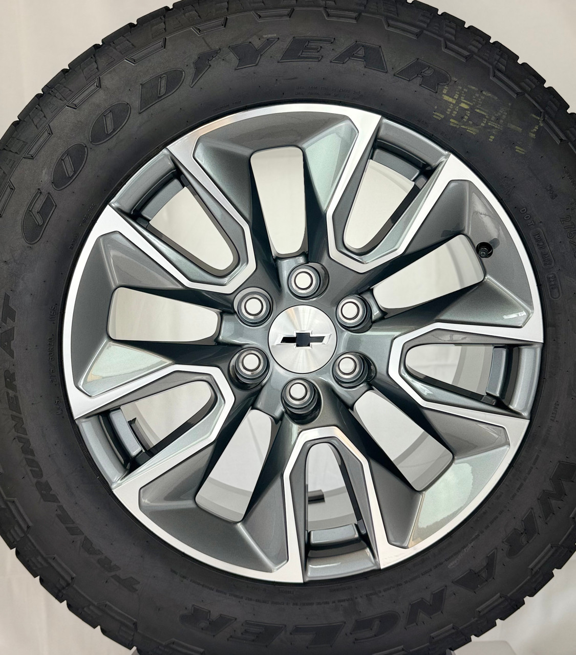 New Takeoff 20" Chevy Silverado Gunmetal and Machine Wheels With Goodyear AT Tire