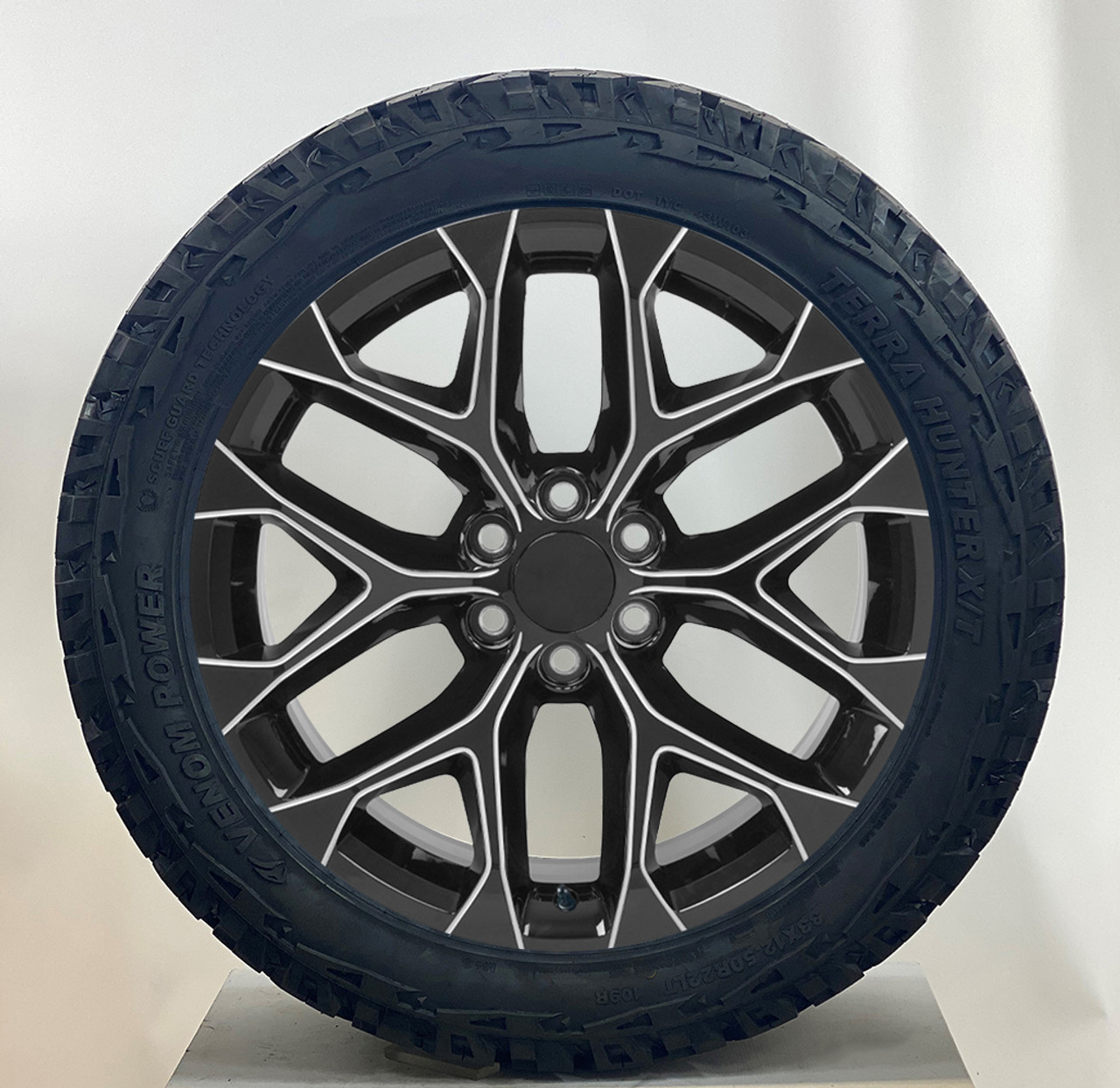 Black Milled 22" Snowflake Wheels with 33x12.50R22 Tires for Chevy and GMC Trucks and SUVs- New Set of 4