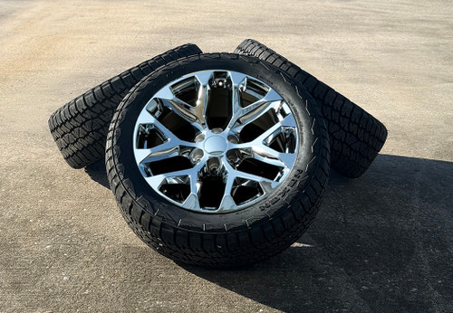 Chrome 22" Snowflake Wheels with All Terrain Tires for GMC Sierra, Yukon, Denali - New Set of 4