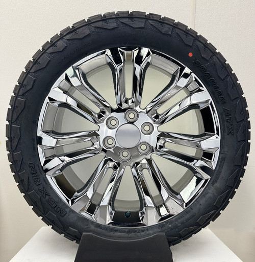 Chrome 22" Seven Split Spoke Wheels with 275/50R22 All Terrain Tires for Chevy Trucks and SUVs - New Set of 4 Chrome 22" Seven Split Spoke Wheels with 275/50R22 All Terrain Tires for Chevy Trucks and SUVs - New Set of 4