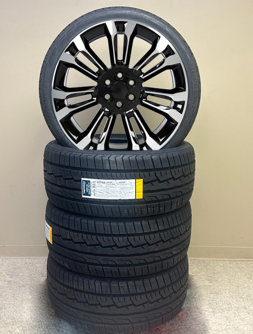 Black and Machine 24" Seven Split Spoke Wheels with 295/35R24 Tires for Chevy and GMC Trucks and SUVs