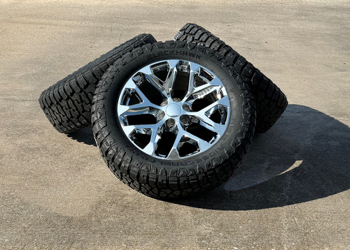 Chrome 20" Snowflake Wheels with Blackhawk R/T Tires for Chevy Silverado, Tahoe, Suburban - New Set of 4