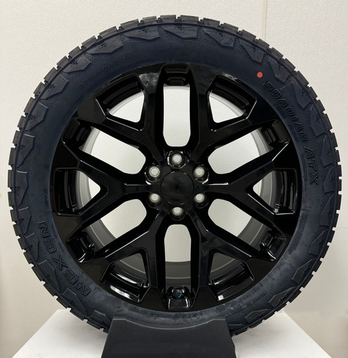 Gloss Black 22" Snowflakes Wheels with 275/50R22 All Terrain Tires for Chevy Silverado, Tahoe, Suburban - New Set of 4