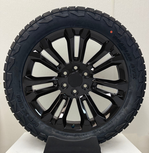 Gloss Black 22" Seven Split Spoke Wheels with 275/50R22 All Terrain Tires for Chevy Silverado, Tahoe, Suburban - New Set of 4