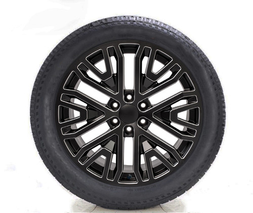 Satin Black Milled 22" Six Split Spoke Wheels with All Season Tires for GMC Sierra, Yukon, Cadillac Escalade - New Set of 4