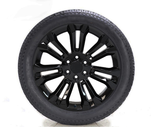 Gloss Black 22" Seven Split Spoke Wheels with All Season Tires for GMC Sierra, Yukon, Cadillac Escalade - New Set of 4