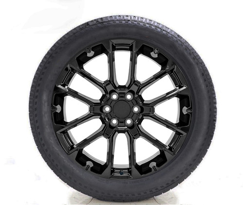 Gloss Black 22" Notched Honeycomb Wheels with All Season Tires for GMC Sierra, Yukon, Cadillac Escalade - New Set of 4