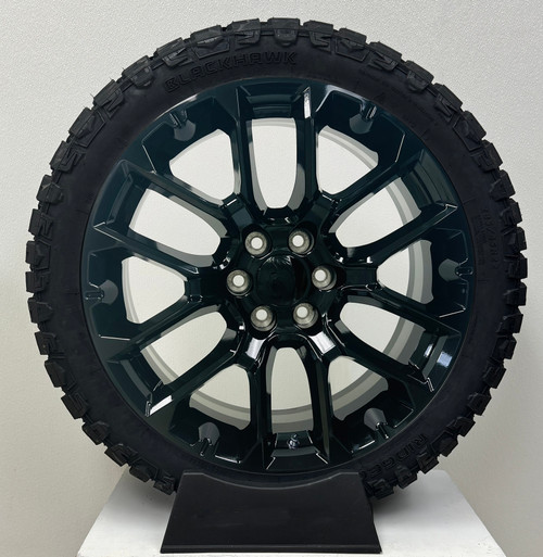 Gloss Black 22" Notched Wheels with Blackhawk R/T Tires for GMC Sierra, Yukon, Denali - New Set of 4